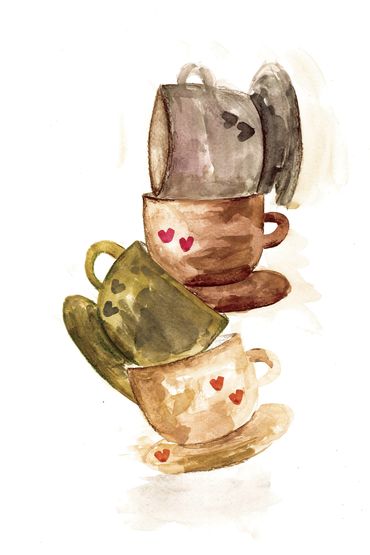 Watercolor painting of four stacked cups with heart designs.