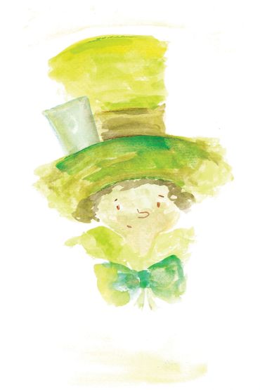 Watercolor painting of a whimsical figure in a tall green hat and bow tie.