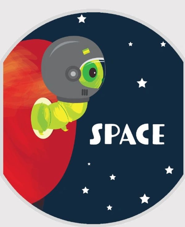 A green caterpillar wearing an astronaut helmet in space.