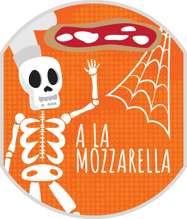 Skeleton chef tossing mozzarella pizza dough with spider web background.
