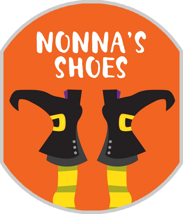 Logo with witch shoes and the text 'Nonna's Shoes' on an orange background.