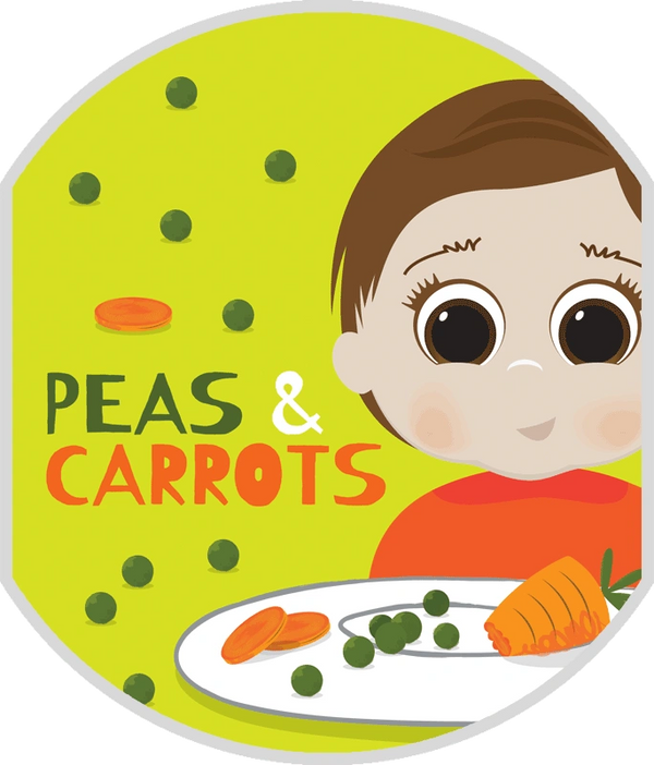 Illustration of a child with peas and carrots on a plate.
