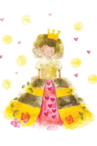 Watercolor painting of a smiling princess with a crown and heart-decorated dress.