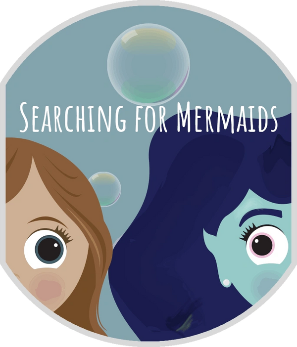 Illustration of two faces with bubbles and text 'Searching for Mermaids'.