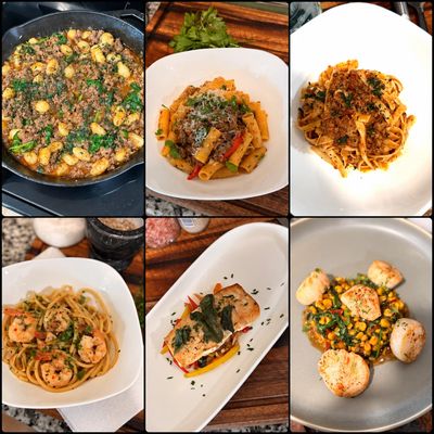 Collage of six dishes with pasta, shrimp, and scallops.