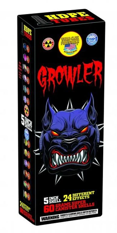 Box of Growler HDPE tubes fireworks with 24 effects and 60 grams shells.