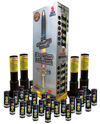 Box of Excalibur Platinum fireworks with 24 canister shells and warning labels.