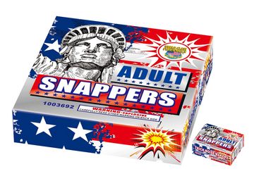 Box of adult snapper fireworks with patriotic design.