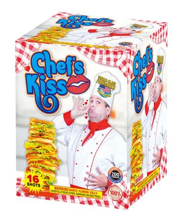 Chef's Kiss fireworks box with a chef image and sandwich shots.
