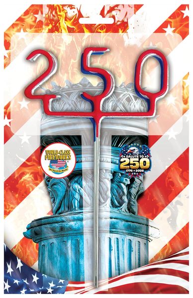 Red candle shaped as 250 with patriotic American symbols in background.