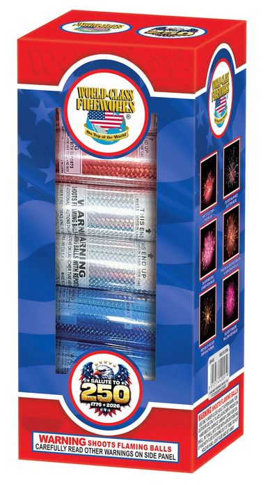 Box of World-Class Fireworks with patriotic design celebrating 250 years.