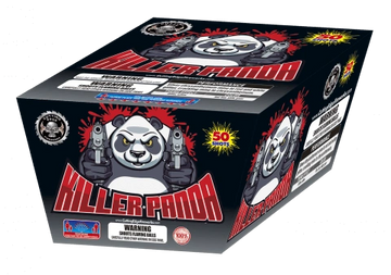 Killer Panda fireworks box with a fierce panda holding guns graphic.