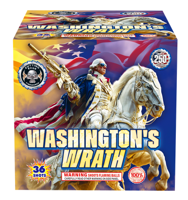 Fireworks box featuring George Washington on a white horse with an American flag background.