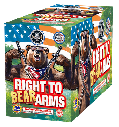 Colorful fireworks box featuring a muscular bear and the text 'Right to Bear Arms'.