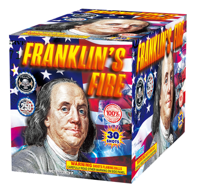 Box of Franklin's Fire fireworks with patriotic design and Benjamin Franklin image.