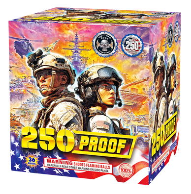 Box of 250 Proof fireworks with military-themed artwork.