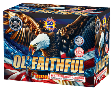 Fireworks box labeled 'Ol' Faithful' with an eagle and American flag design.