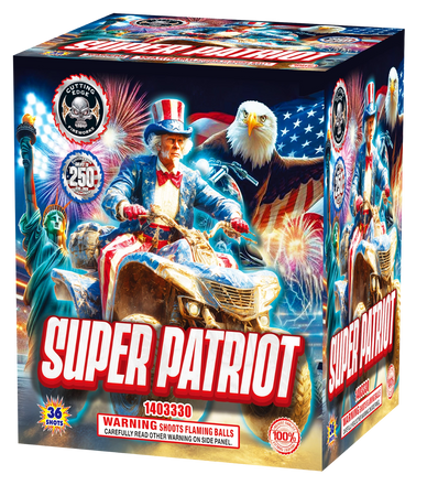 Fireworks called Super Patriot with patriotic American imagery.