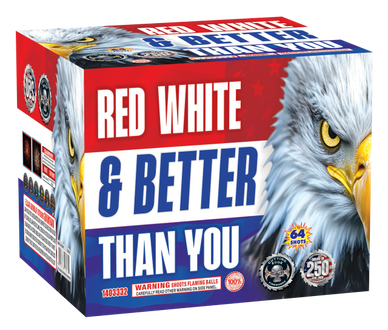 Fireworks box labeled 'Red White &amp; Better Than You' with an eagle image.