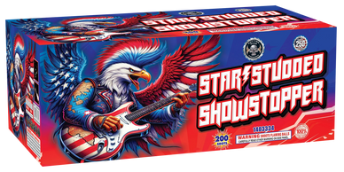 Colorful fireworks box with an eagle playing guitar design.