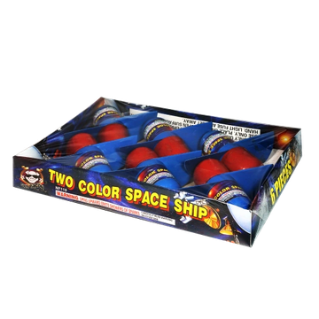 Box of two-color spaceship fireworks with red and blue colors.