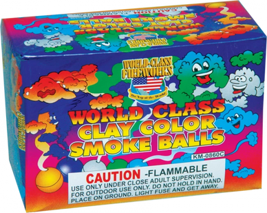 Box of colorful clay color smoke balls with cartoon clouds on packaging.
