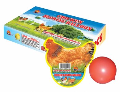 Chicken blowing balloon toy with colorful packaging and red balloon.