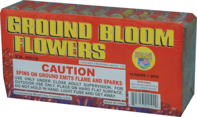 Box of Ground Bloom Flowers fireworks with caution label.