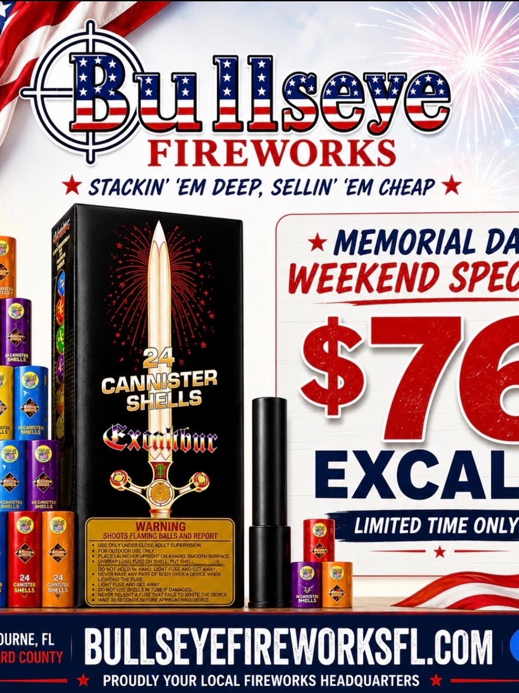 Bullseye Fireworks Memorial Day weekend special with 24-canister shells for $76.