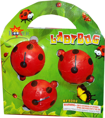 Red ladybug-shaped fireworks with a green background packaging.