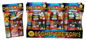 Assorted colorful fireworks pack labeled 'One for the Money' and 'Boomer Fireworks'.