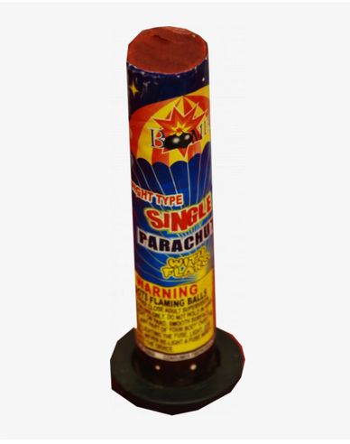 Single parachute firework with colorful label and warning text.