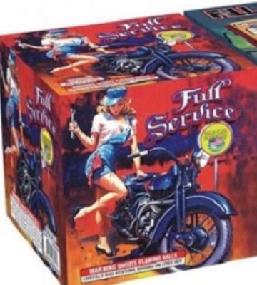 Box with a pin-up style woman and a motorcycle illustration.
