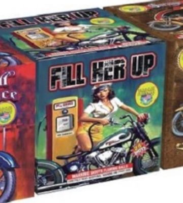 Box for a motorcycle-themed game called 'Fill Her Up' featuring a woman at a gas pump.