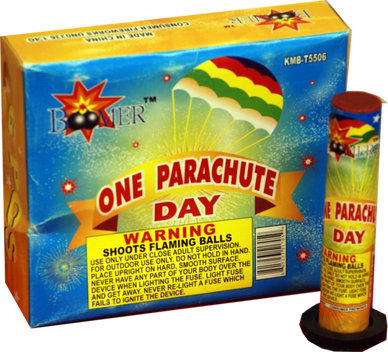 Box and tube of One Parachute Day fireworks with warning label.