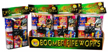 Colorful assortment of Boomer Fireworks packs with vibrant packaging.