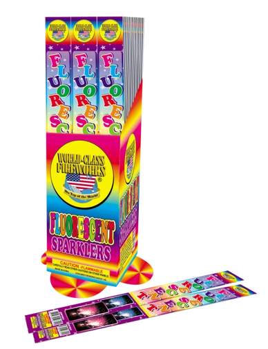 Colorful box and strips of fluorescent sparklers fireworks.