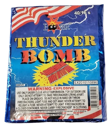 Thunder Bomb firecracker packaging with explosive warning and American flag design.
