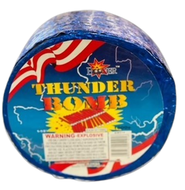 A round firework labeled Thunder Bomb with a blue background and American flag design.
