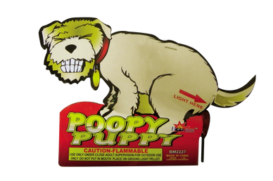A cartoon dog labeled 'Poopy Puppy' with a flammable warning on red packaging.