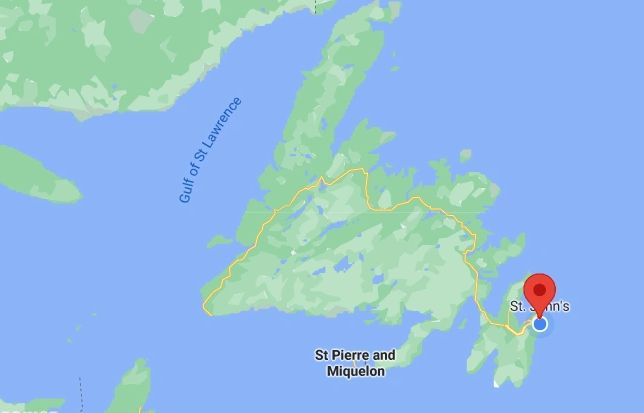 A zoomed in screenshot of Newfoundland, Canada on the map. The locator is on St. John's. 