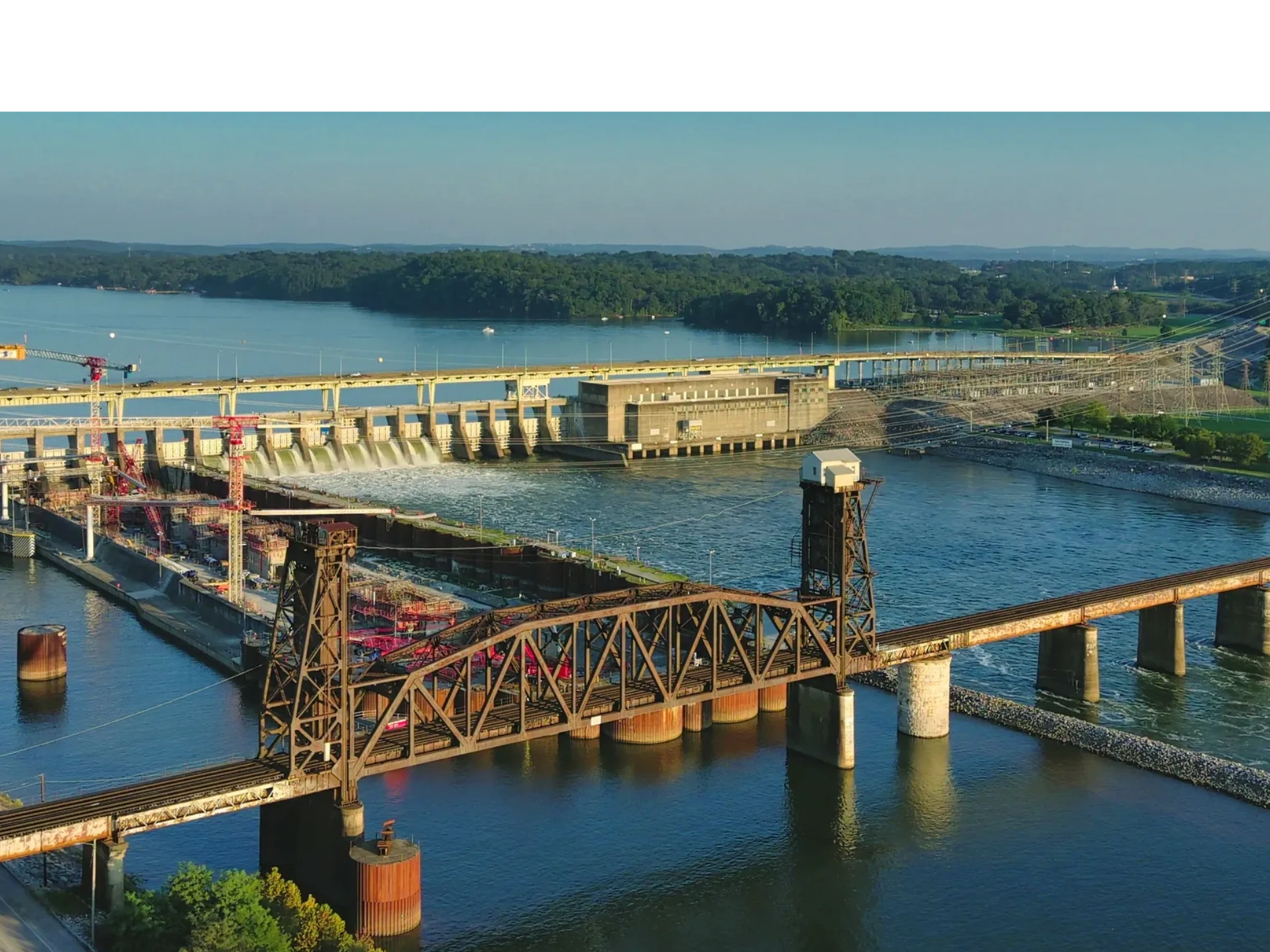 Twilight with the Tenbridge rail bridge forefront and the Chickamauga Dam in the back.
Left to right