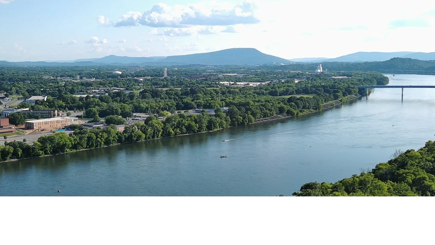 Good view looking downstream from  the dam. Lookout Mountain top, center, High Point,GA to the left;