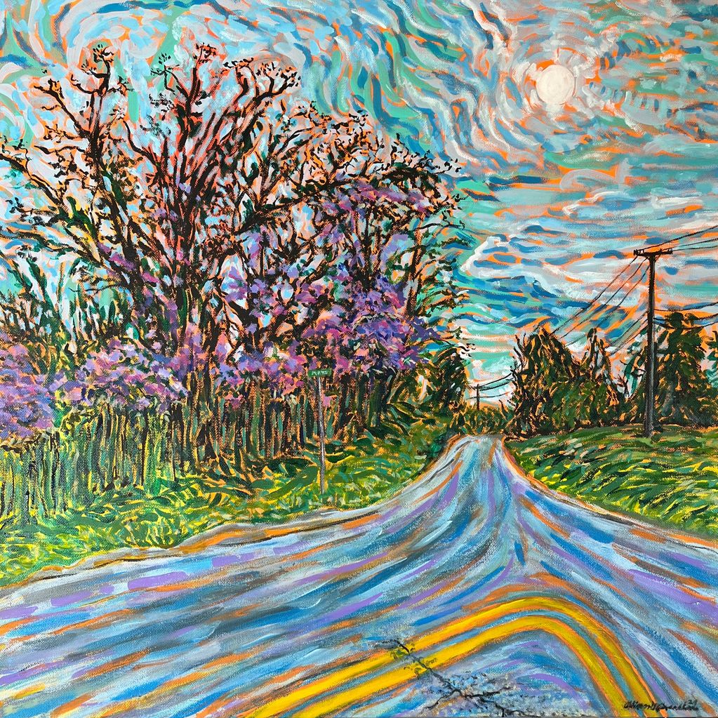 Open Impressionist painting of wisteria on trees along a road.