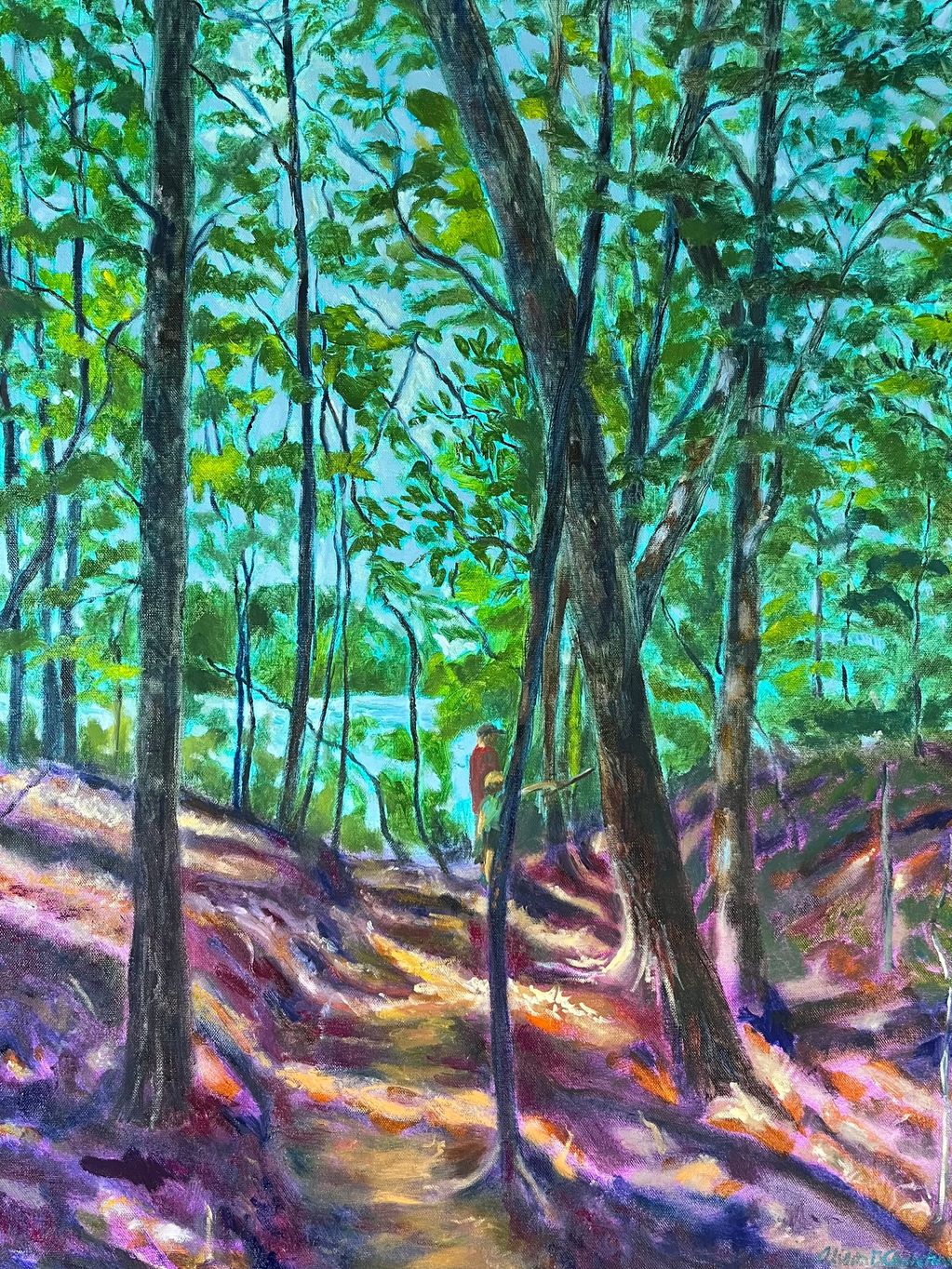 Colorful painting of a forest scene.