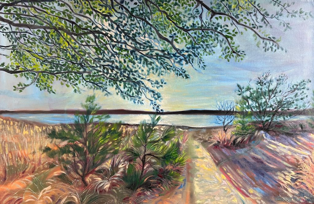Landscape painting of a beach with trees overhanging.