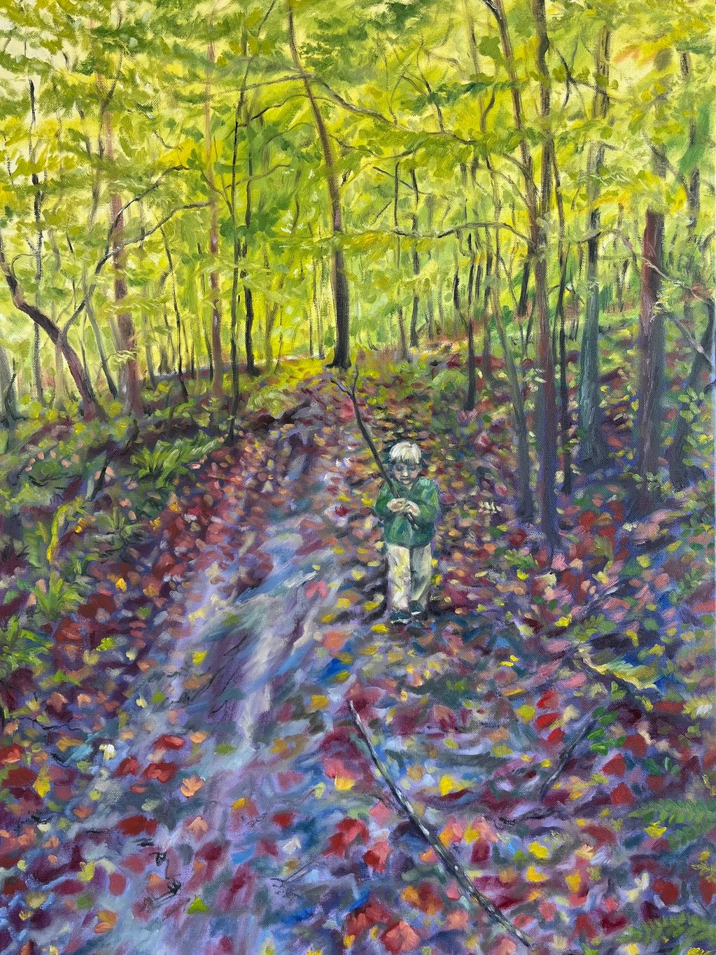 Painting of a wooded landscape with young boy holding a stick.