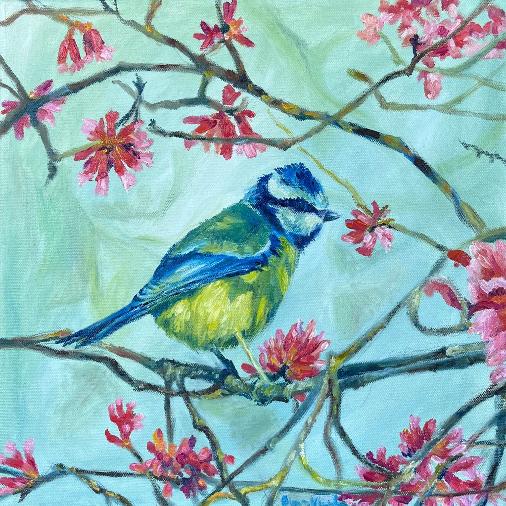 Painting of a bird perched on a branch of flowering tree.