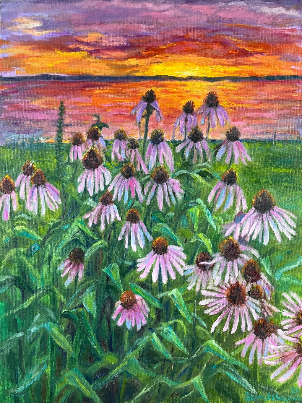 Painting of a sunset on water with cone flowers.
