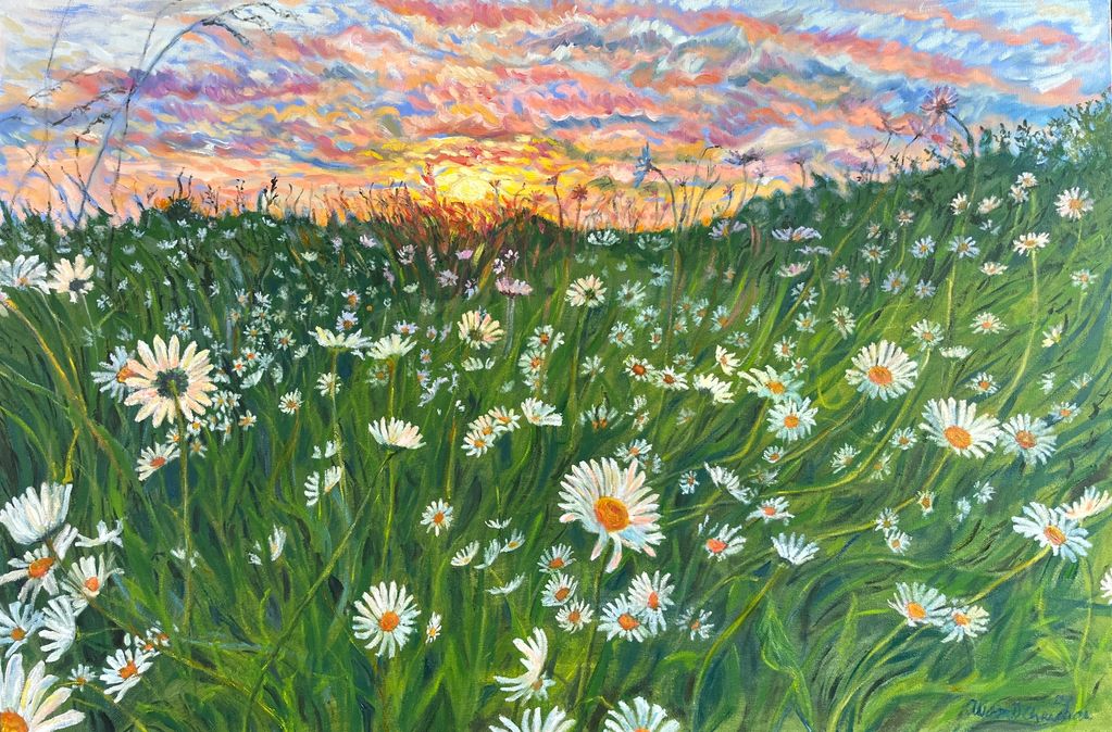 Painting of field of flowers at golden hour of dusk.